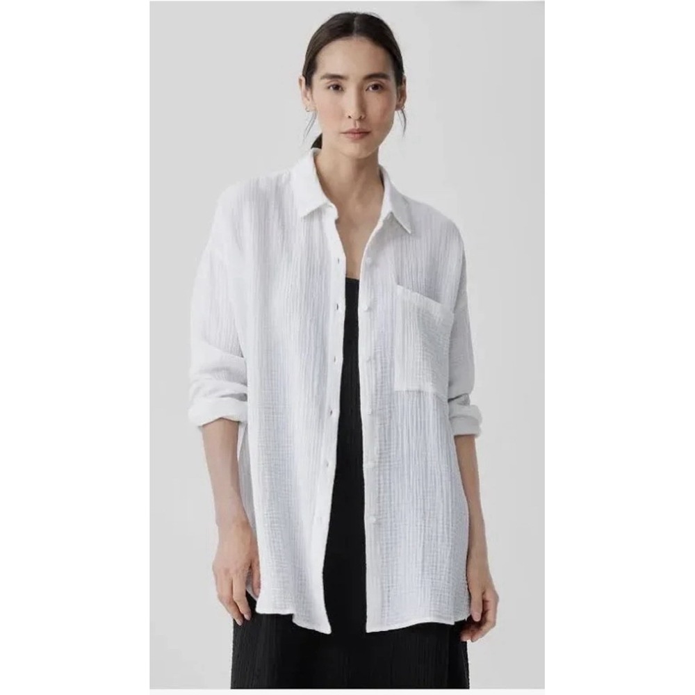 Eileen Fisher Petite White‎ Organic Cotton Gauze Button Up Shirt Blouse P